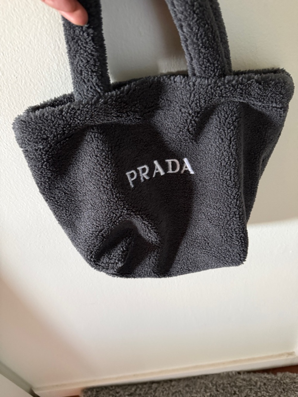 Prada Charcoal Gray Fuzzy Tote with Embroidered Logo in